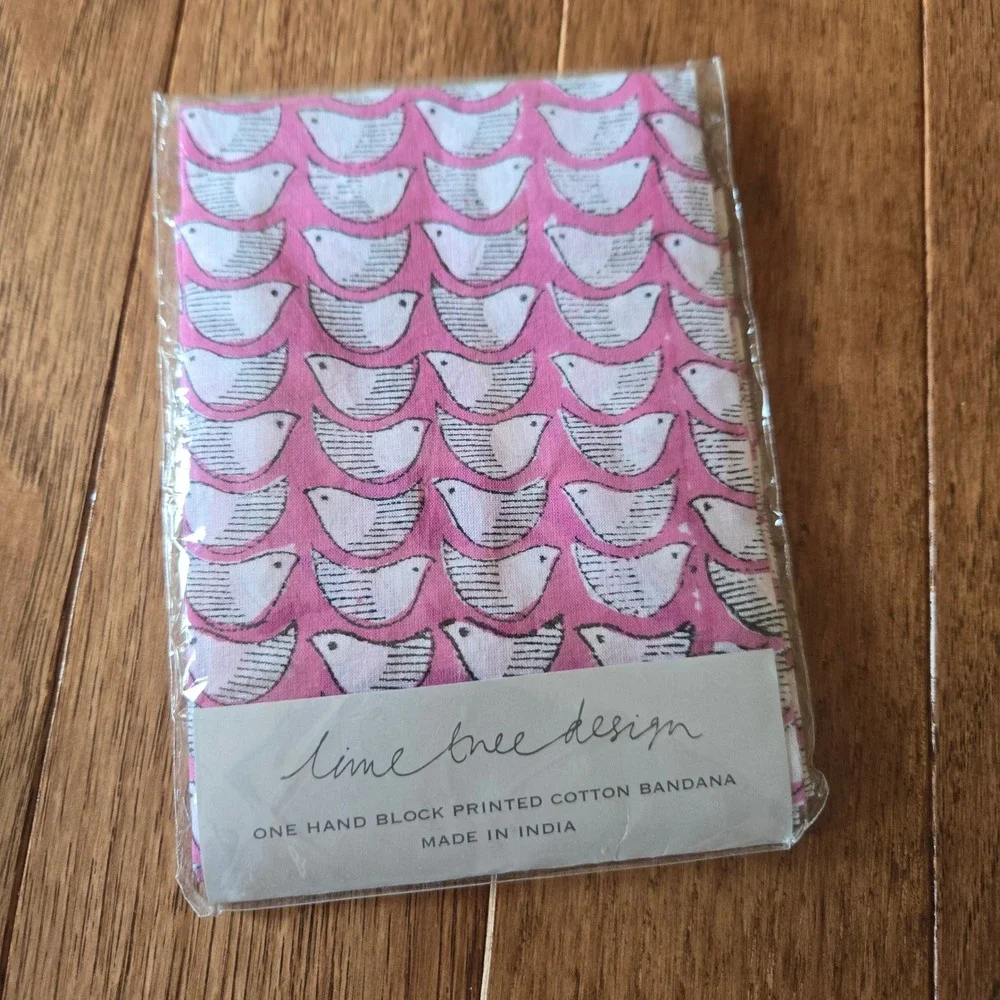 Lime Tree Design Pink Bird Hand Block Printed Cotton Bandana Scarf 51cm x 51cm
